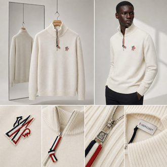 Moncler Kalın Örgülü Pamuk Yarım Fermuarlı Triko Kazak