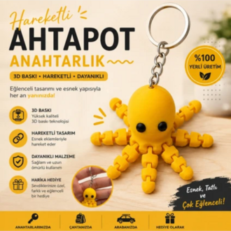 Hareketli Ahtapot Figürlü Anahtarlık - Esnek Eklemli Tasarım - Fidget Stress Oyuncak - Sarı