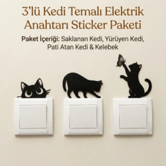3'lü Kedi Temalı Elektrik Anahtarı Dekor Seti | 3D Duvar Anahtarı Süsü | Kendinden Yapışkanl