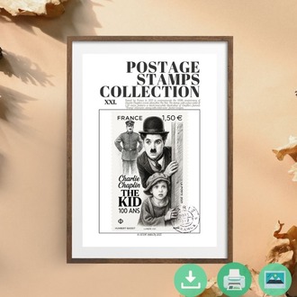 Charlie Chaplin Stamp Poster – The Kid 100th Anniversary – Vintage Style Printable Wall Art