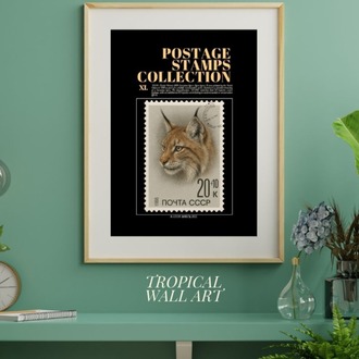 1988 USSR Eurasian Lynx Stamp Poster – Vintage Wildlife Postage Art – Digital Download