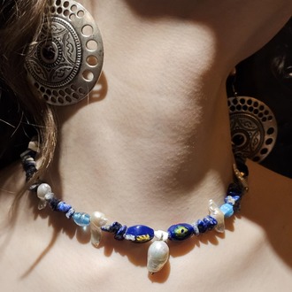 Karışık incili cam boncuklu Lapis lazuli taşlı kolye