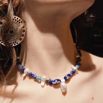 Karışık incili cam boncuklu Lapis lazuli taşlı kolye