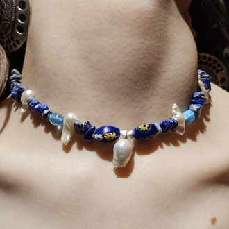 Karışık incili cam boncuklu Lapis lazuli taşlı kolye