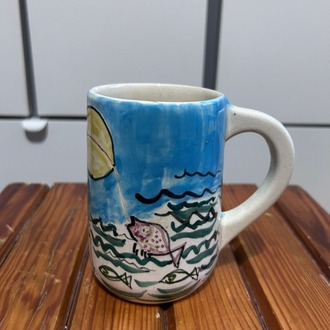 El Boyama Sanatçı Yapımı Seramik Kupa – Modern Çizim – Tek Parça – Vintage