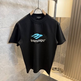 Balenciaga Mavi Logo Baskılı Unisex Siyah Tişört