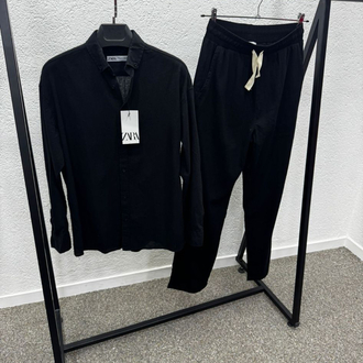 Zara Model Keten Gömlek & Pantolon Erkek Takım - Siyah