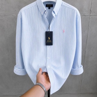 Premium Beyaz Çizgili Oversize Erkek Gömlek - Açık Mavi