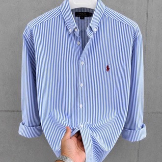 Premium Beyaz Çizgili Oversize Erkek Gömlek - Mavi