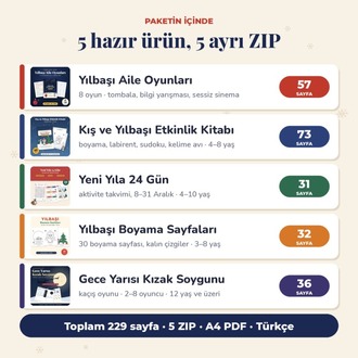 Yılbaşı Mega Paketi – 5 ürün bir arada, 229 sayfa oyun ve etkinlik PDF