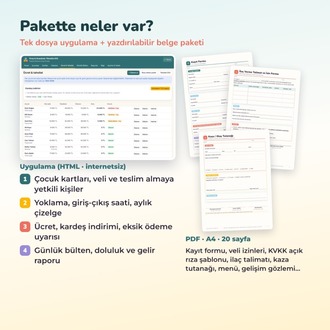 Kreş & Anaokulu Yönetim Kiti | Yoklama, Ücret Takibi, Veli Bülteni, 20 Form
