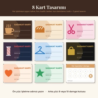Sadakat Kartı Şablonu 8 Tasarım + Müşteri Takip Uygulaması Kafe Kuaför Berber