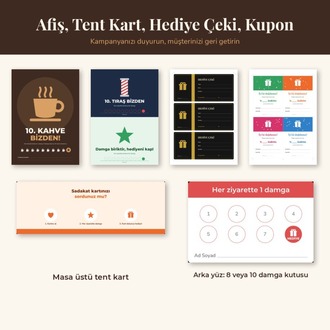 Sadakat Kartı Şablonu 8 Tasarım + Müşteri Takip Uygulaması Kafe Kuaför Berber
