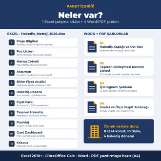 Hakediş ve Metraj Excel Paketi 2026 – Yeşil Defter, Ataşman, Fiyat Farkı, Taşeron