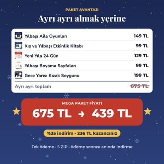 Yılbaşı Mega Paketi – 5 ürün bir arada, 229 sayfa oyun ve etkinlik PDF