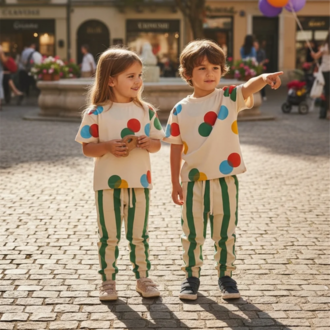 %100 Pamuk Puantiyeli Unisex Çocuk Takım