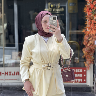 Kemerli Sarı Blazer Takım 