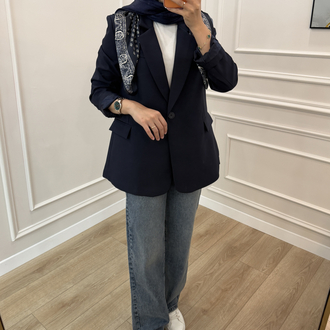 Fular Detaylı Tek Düğme Blazer Ceket (LACİVERT)
