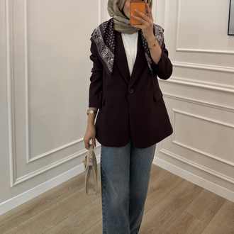 Fular Detaylı Tek Düğme Blazer Ceket (MÜRDÜM)
