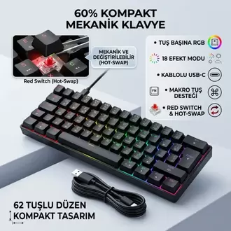 Sarftech T60 Hot-Swap Mekanik Klavye - 60% Kompakt, Red Switch