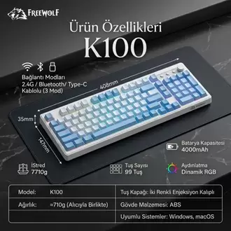 Freewolf K100 Tam Boy Mekanik Klavye