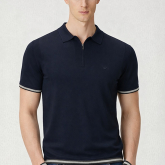 Lacivert Merserize Örme Triko Polo Yaka T-Shirt