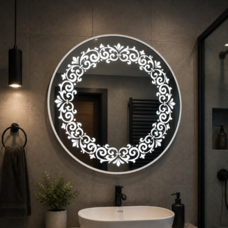 Beyaz PVC Çerçeveli Kumlama Desenli Premium LED Dokunmatik Ayna
