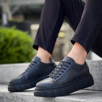 RLX099 Erkek Bağcıklı Yüksek Taban Cilt Sneaker Ayakkabı ST Siyah Cilt