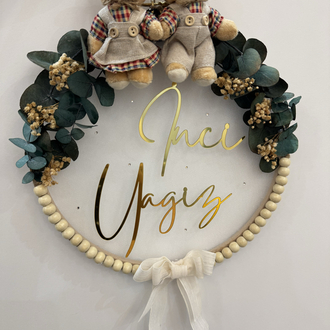 Kişiye Özel İsimli Ayıcıklı İkiz Bebek kapı süsü