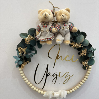 Kişiye Özel İsimli Ayıcıklı İkiz Bebek kapı süsü