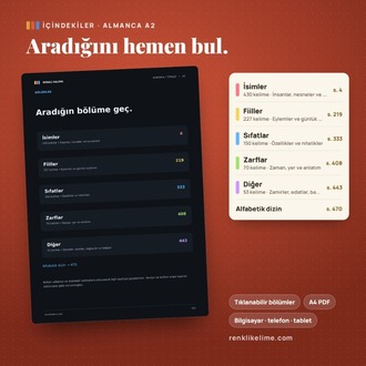 Almanca A1–B2 Renkli Kelime Tam Set | 3.649 Kelime · 4 PDF