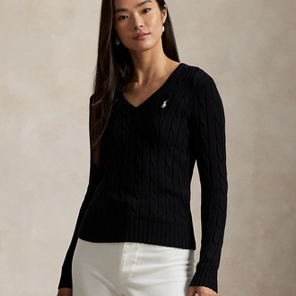 Cable-Knit Cotton V-Neck Jumper Black (Women)