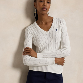 Cable-Knit Cotton V-Neck Jumper White (Woman)