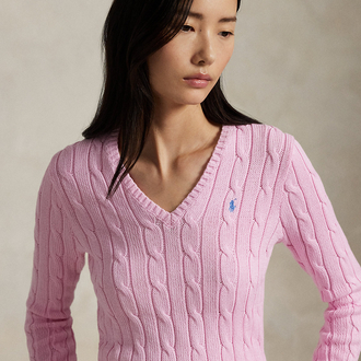 Cable-Knit Cotton V-Neck Jumper Carmel Pink (Woman)