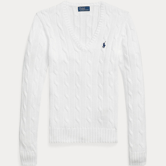 Cable-Knit Cotton V-Neck Jumper White (Woman)