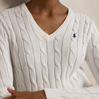 Cable-Knit Cotton V-Neck Jumper White (Woman)