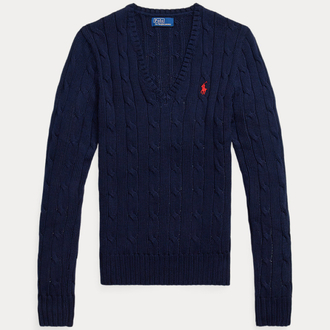 Cable-Knit Cotton V-Neck Jumper Navy (Woman)