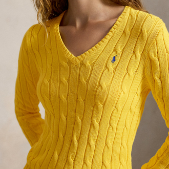 Cable-Knit Cotton V-Neck Jumper Yellow (Woman)