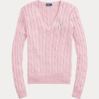 Cable-Knit Cotton V-Neck Jumper Carmel Pink (Woman)