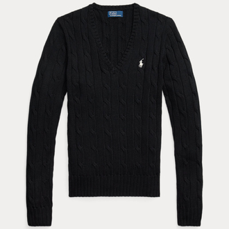Cable-Knit Cotton V-Neck Jumper Black (Women)