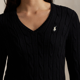Cable-Knit Cotton V-Neck Jumper Black (Women)