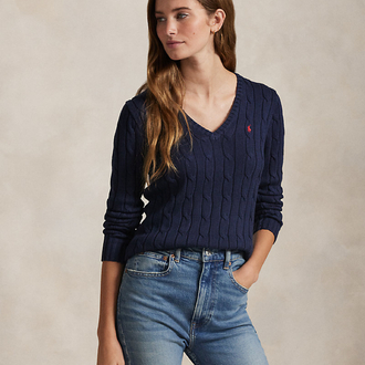 Cable-Knit Cotton V-Neck Jumper Navy (Woman)