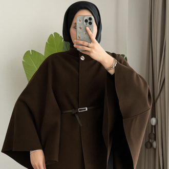 Oversize Kemerli Kaşe Panço - Kahverengi