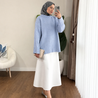 Oversize Bisiklet Yaka Tesettür Kazak - Bebe Mavi