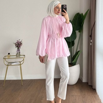 Balon Kol Bubble Kemerli Tunik - Pembe