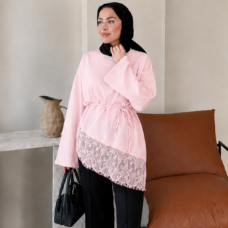 Dantel Detaylı Bel Bağlamalı Penye Sweat - Pembe