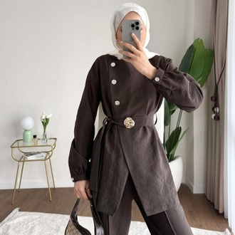 Zara Kupra Seyyar Kemerli Gold Düğmeli Pantolonlu Takım - Kahverengi