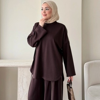 Biye Detaylı Oysho Tunik Pantolonlu Takım - Kahverengi