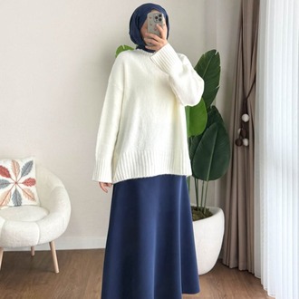 Oversize Bisiklet Yaka Tesettür Kazak - Krem