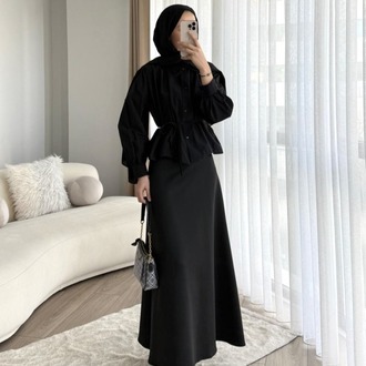 Omuzu Pileli Etek Üstü Oversize Kısa Gömlek - Siyah